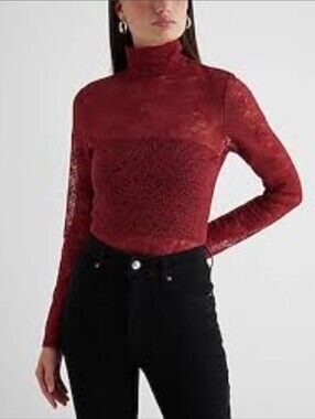 NWT Express Red Lace Mock Neck Long-Sleeve Top Size L